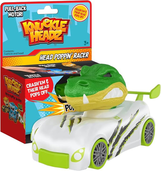 Knuckle Headz Pop-Up Racer Car Toy, Friction-Powered Pull Back Race Car, Head Popping Fun Gift for Kids, Boys, Girls, Ages 3+, Dinosaur