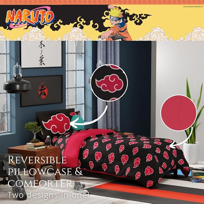 Collectibles Naruto Anime Akatsuki Bedding 5 Piece Super Soft Reversible Comforter and Sheet Set with Sham, Twin, (Officially Licensed Product) By Franco