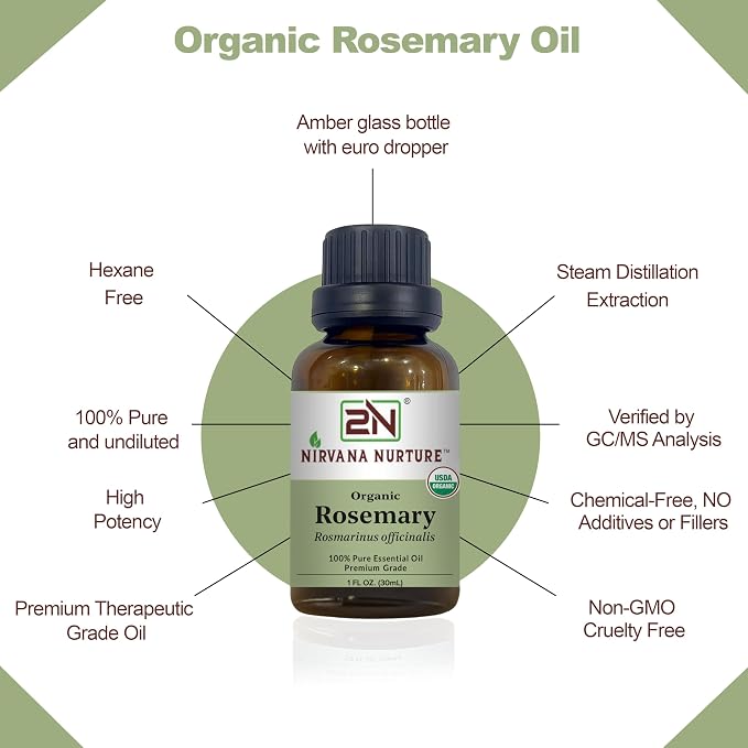 Rosemary Essential Oil, USDA Certified Organic, 100% Pure Undiluted, Aromatherapy Oil for Diffuser, Hair & Skin Care