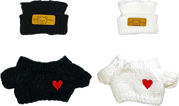 17cm Doll Clothes Outfits - Cozy Knit Top & Beanie Hat for Plush/Blind Box Collectibles (White&Black Sweater)