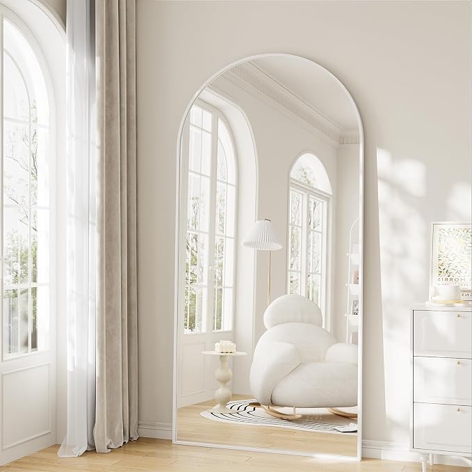 Mirror Full Length, 28"x71" Large Arched Floor Full Length Mirror with Stand, Room Decor Big Full Body Floor Mirror with HD Tempered Glass Aluminum Frame for Bedroom Living Room, White