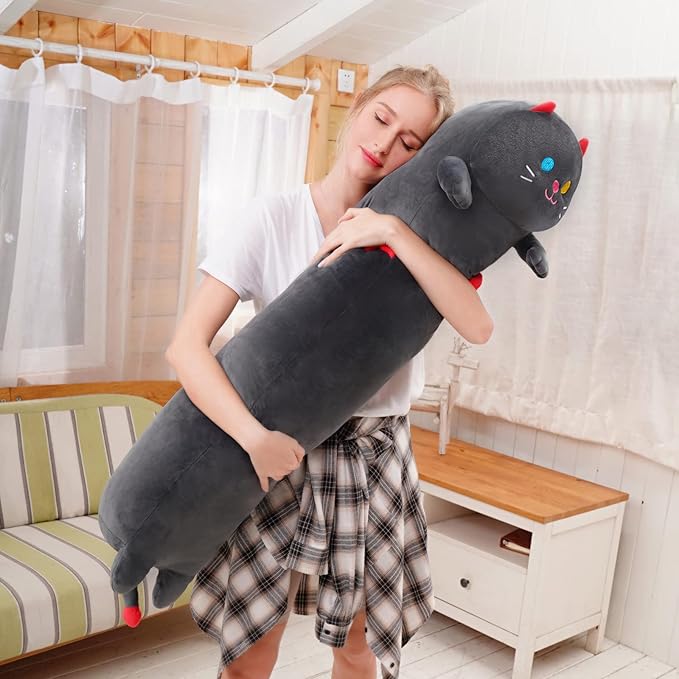 Long Cat Plush 5 Sizes, 120% Extra Filling Giant Plushness Kids Body Pillow, Kawaii Cute Black Cat Stuffed Animals Plushies, Big Long Body Pillow Cat Plush Gift for Girls 28”