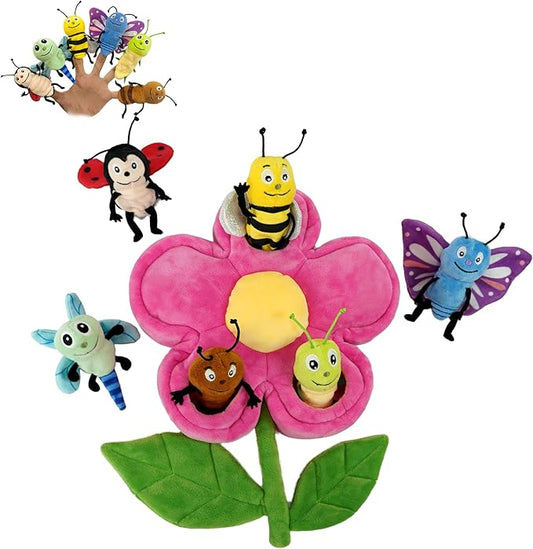 6pcs Insect Finger Puppets Bringing a Flowers House，Novelty Animals Toys Puppet for Kids, Storytelling Role-Playing Plush Finger Puppets Gifts for Boys and Girls