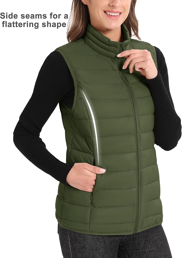 MAGCOMSEN Women's Puffer Vest Lightweight Stand Collar Zip 4 Pockets Puffy Vests Sleeveless Quilted Padded Outerwear