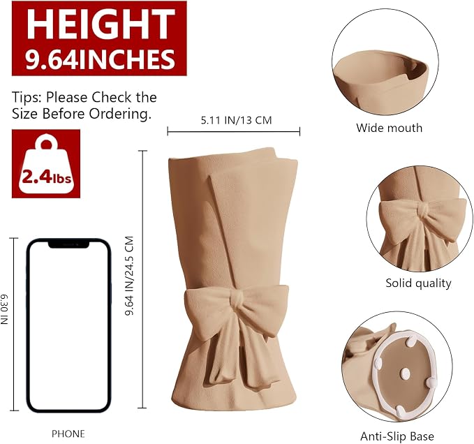 Relexome Beige Ceramic Bow Vase 9.64 in Unique Cute Modern Decorative Bouquet Flower Vases for Home Living Room Table Decor Women Girl Gifts