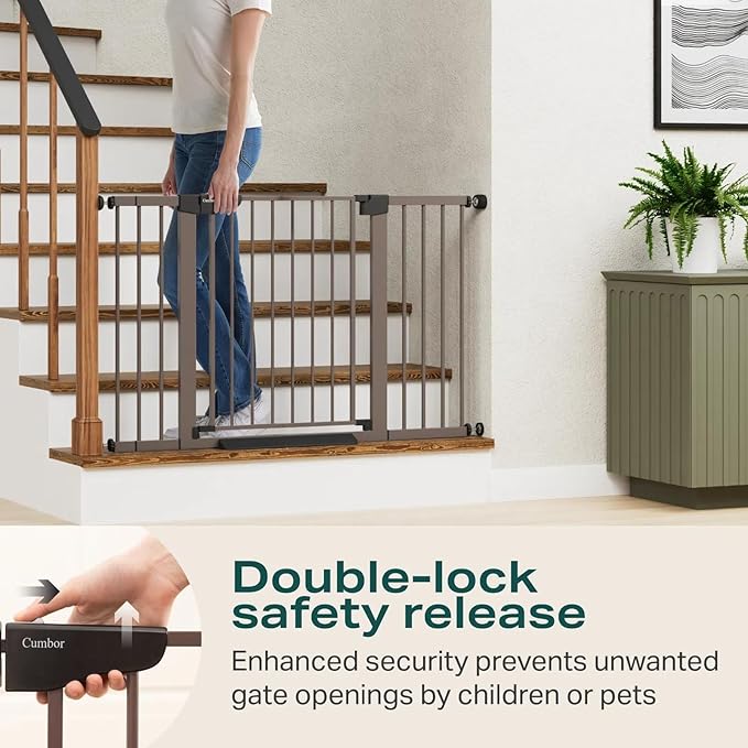 Cumbor Pack of 2 Extra Wide Baby Gate for Stairs, 29.7–51.5" Pressure Mounted Dog Gate for Doorways, Auto Close Safety Pet Gate, Easy Walk Thru Wide Child Gate, Brown, Mom's Choice Award Winner