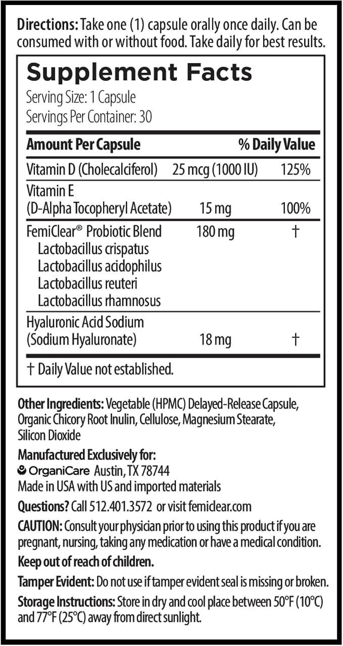 FemiClear Vaginal Probiotics, Delayed-Release Supplement, 30-Day Supply | Daily Women's Probiotic Supplements, Supports Vaginal pH Balance, Healthy Yeast & Moisture, Natural & Organic Ingredients