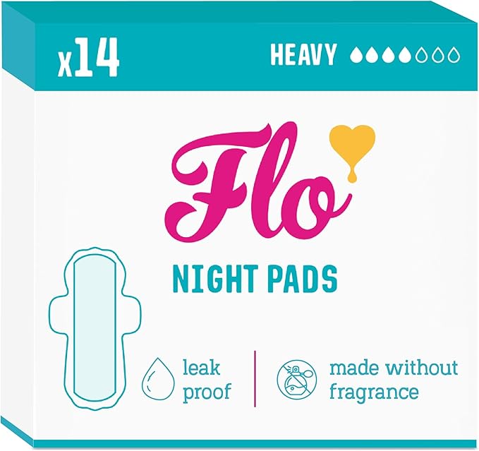 Flo - Night Menstrual Pads (14 Pack) - Organic Bamboo Period Pads for Women - Heavy Flow - Leak Locking - Winged, Ultra-Thin - Absorbent, Soft & Breathable - Plant Based – Vegan, Cruelty Free