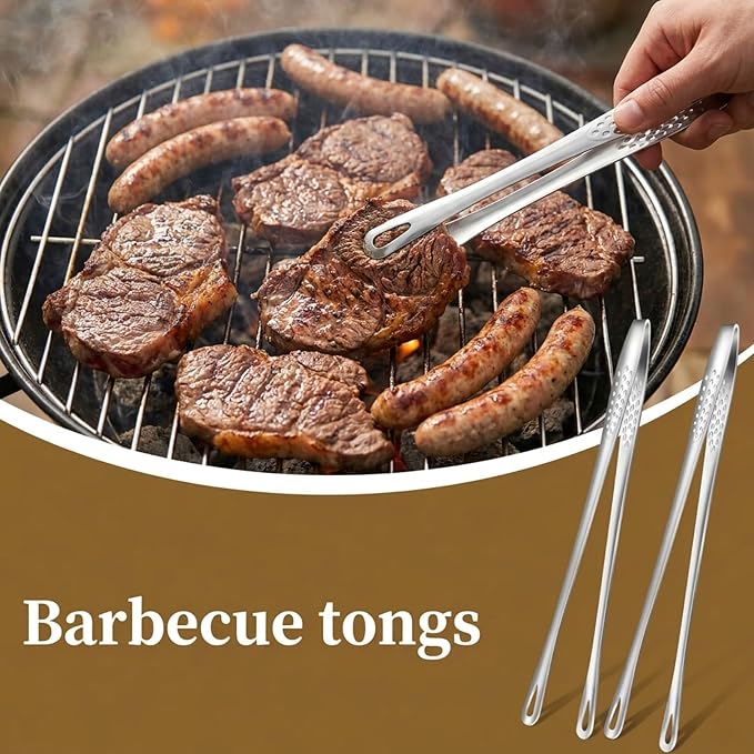 8 Pcs Korean BBQ Tongs, 9.5In Stainless Steel Grill Tongs, Silver | Portable Heavy Duty Kitchen Tweezers for Cooking, Food Tongs for Home Outdoor Hot Pot Steak Salad Food