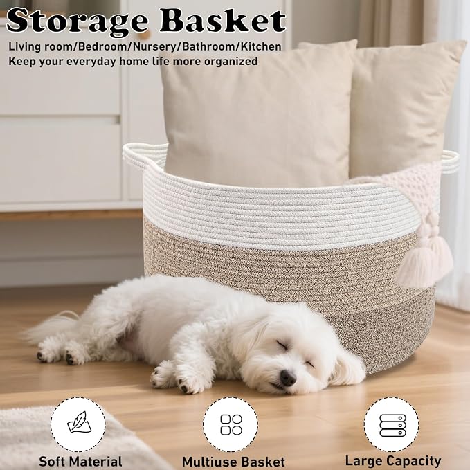 65L Large Blanket Basket,Woven Rope Laundry Basket-Mix Brown | Collapsible Nursery Storage Bin with Sturdy Handles, Organizes Clothes, Toys and Pillows for Living Room, Bedroom, Bathroom