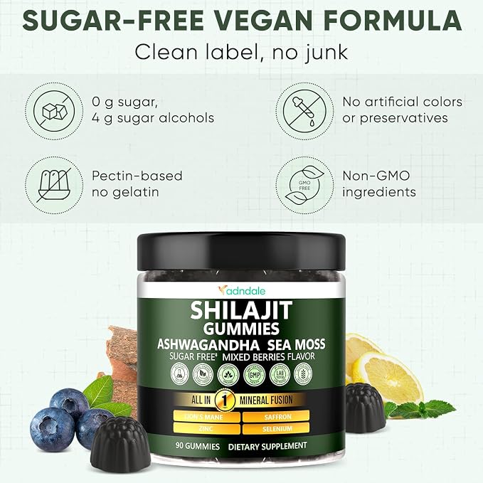 Adndale Himalayan Natural Shilajit Gummies for Men & Women, Sugar-Free Mixed Berries Flavor - with Ashwagandha, Sea Moss, Lion’s Mane & Saffron + Zinc & Selenium - 90 Gummies (45 Servings)