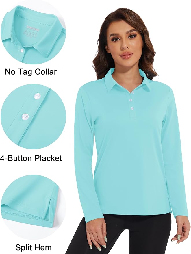 MAGCOMSEN Long Sleeve Polo Shirts for Women Golf Tops with Collar Work | UPF 50+ Sun Protection, 4 Buttons, Moisture Wicking, Breathable, 4-Way Stretch, Collared, Quick Dry, Active, Casual, Tennis