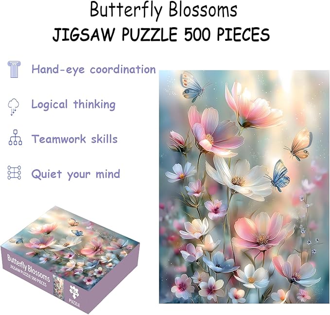 Puzzles for Adults 500 Pieces, Flowers Jigsaw Puzzles - Butterfly Blossoms, Impossible Flowers Butterfly Puzzle for Seniors Families, 20.47x14.96 Inches, 1:1 Poster, Letter On The Back