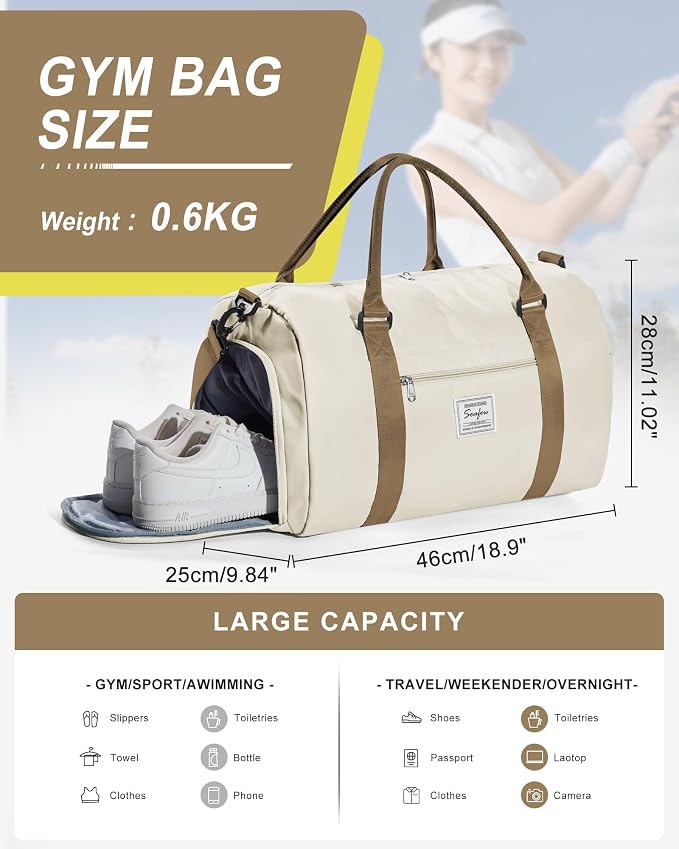 Gym Bag Womens Mens with Shoes Compartment and Wet Pocket Travel Duffel Bag for Women for Plane Sport Gym Tote Bags Swimming Yoga Small Waterproof Weekend Overnight Carry on Bag Hospital Holdalls