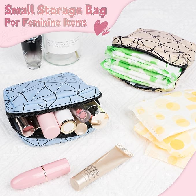 Discreet Period Bag Waterproof Geometric PU Sanitary Napkin Storage Bag Portable Menstrual Pad Pouch Cute Tampon Bag for Purse Small Makeup Bag S-Apricot