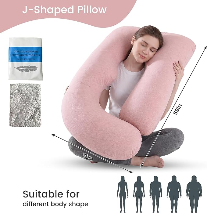 Jcickt Pregnancy Pillow for Sleeping,59 inch Maternity Pillow with Removable Washable Cover,J-Shaped Cooling Full Body Pregnant Pillow -Support for Backs,Legs, Belly, HIPS, Improve Sleep-Pink