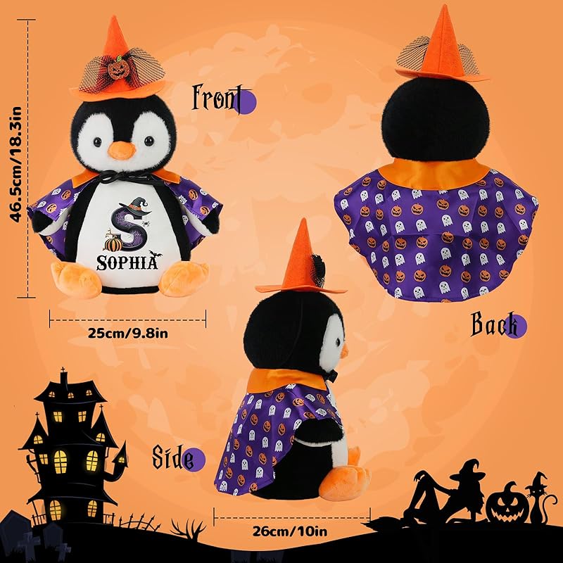Custom Halloween Plushies Penguin Stuffed Animal, 13.8" Personalized Penguin Toy with Name Date Message, Baby's First Halloween Plush Gift for Kids Boys Girls