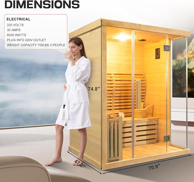 ZONEMEL 3 Person Wooden Steam Sauna Room, Canadian Hemlock Luxurious Indoor Sona House with 6 KW Heater, WiFi Controller, Bluetooth Speaker, Wooden Bucket, Scoop, Reading Light, 220V, 195℉