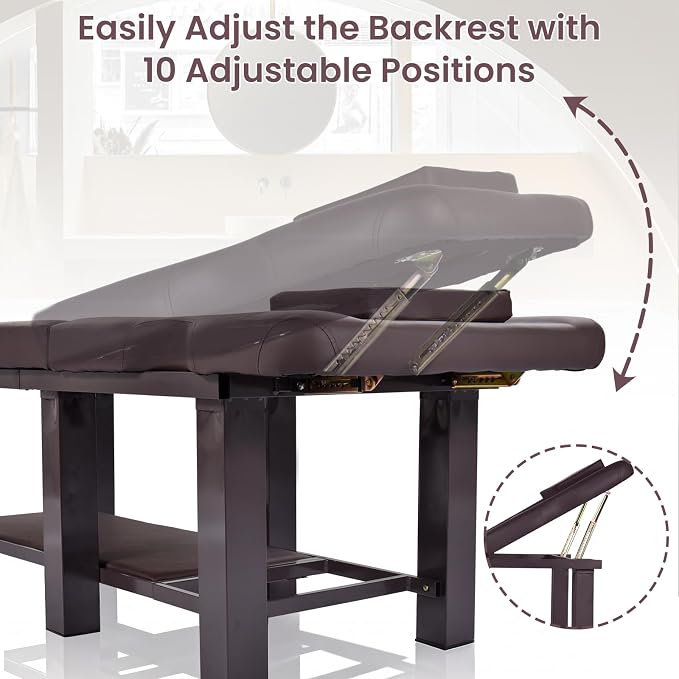 Professional Stationary Massage Table with Backrest, Adjustable Thick Foam Spa Massage Beds,Metal Frame PU Leather 27.55'' Wide 72.83'' Long Heavy Duty Bed for Massages, Hairdressing, Spas(Brown)