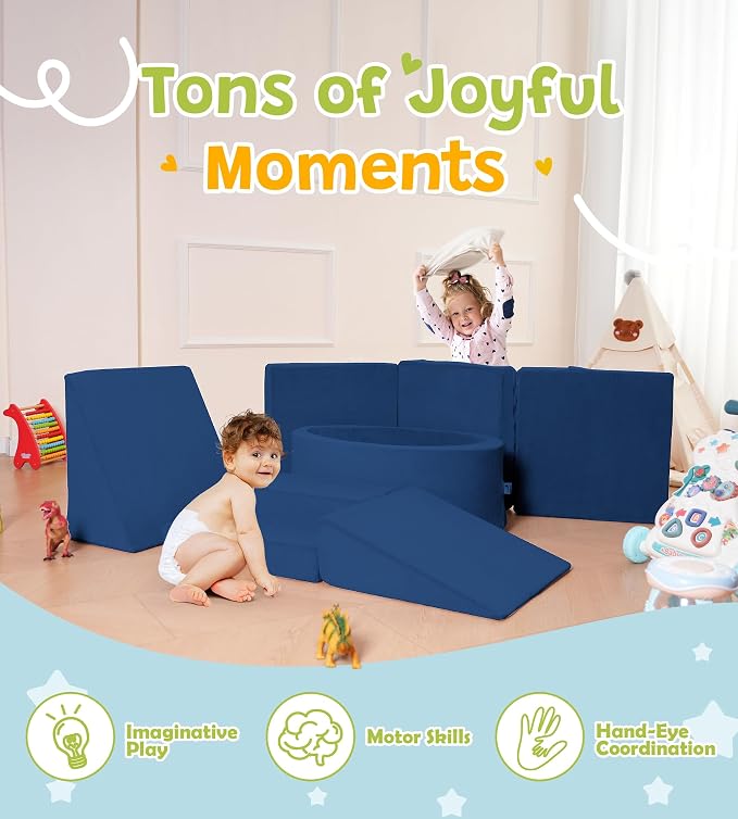 Elftopia Foam Climbing Blocks with Ball Pit & Stairs for Toddlers Aged 1-3 -Soft Playset for Indoor Crawling, Foam Playground Set for Baby to Active Playing Inside -(Balls NOT Included),Navy