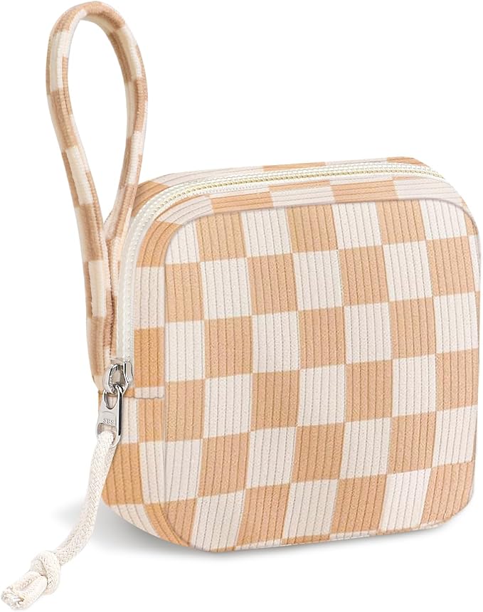 Corduroy Period Pouch for Women, Cute Sanitary Pad Pouch with Zipper, Portable Tampon Holder for Purse, Sanitary Napkin Storage Bag for Travel (Checkered Brown White)