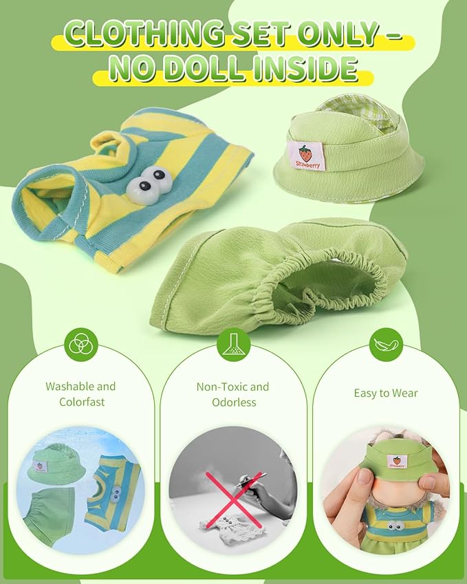 17cm Doll Clothes Set – 3PCS Outfit with Hat, Top & Shorts – Small Doll Clothes & Accessories for 15 - 17 cm Dolls – NO Doll Included – Great for Display, Play or Gift