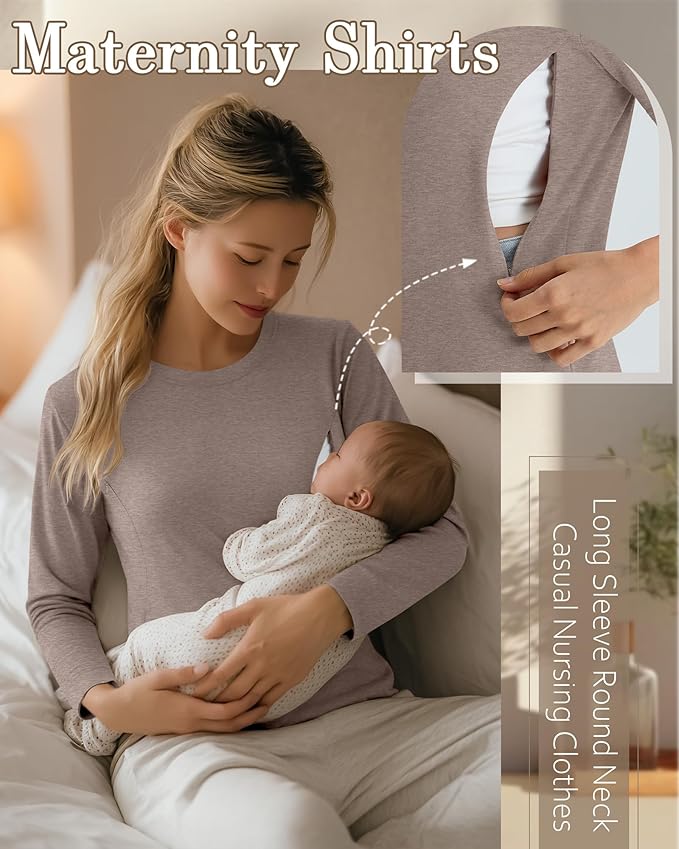 3 Pack Nursing Tops for Breastfeeding Maternity Shirts Zipper Long Sleeve Round Neck Knit Casual Nursing Clothes