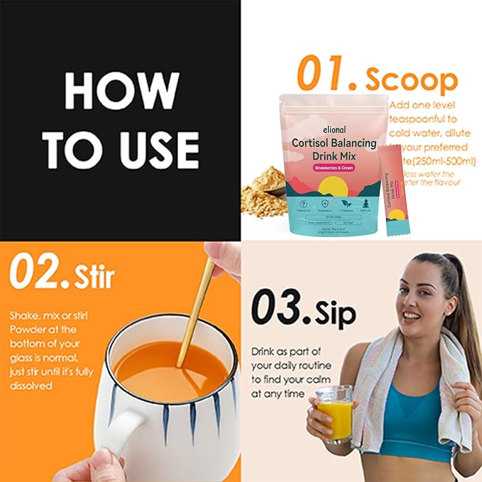 Cortisol Drink Mix for Mental Clarity & Digestive Comfort – Ashwagandha + L-Theanine Powder – Strawberries Cream Flavor – 20 (Strawberries & Cream)