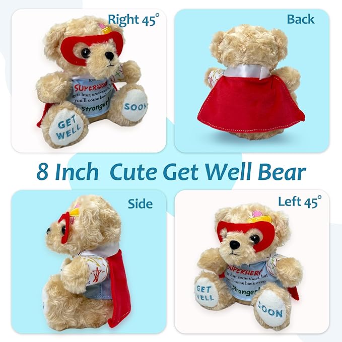 Get Well Soon Bear Stuffed Animal Toy - Broken Arm Leg Get Well Soon Gifts for Kids After Surgery or Recovery, 8 Inch Superhero Get Well Bear Plush Comforting Companions