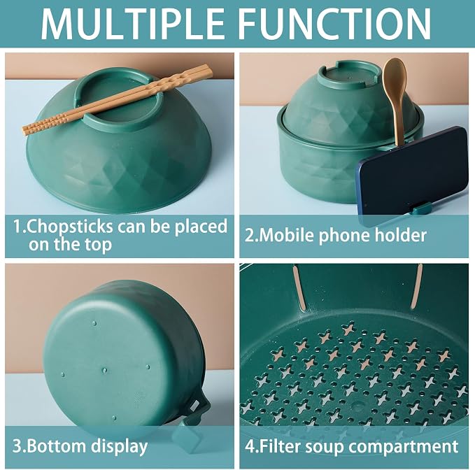 1 Set Microwave Ramen Cooker 40oz Wheat Straw Microwave Noodle Bowl Set with Chopsticks, Spoon, Fork, College Dorm Office Apartment Essentials (Dark Green)