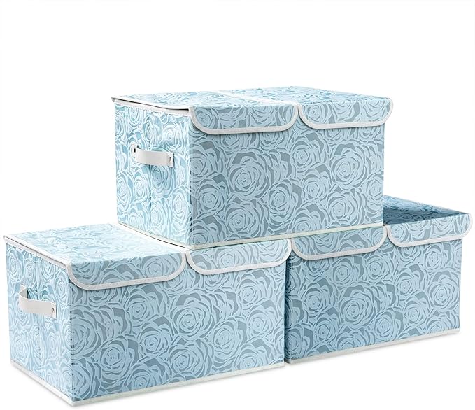 Large Stackable Storage Bins with Lids Fabric Decorative Storage Box Cubes Organizer Containers Baskets with Cover Handles Divider for Bedroom Closet Living Room 17.3x11.8x9.8 Inch 3 Pack