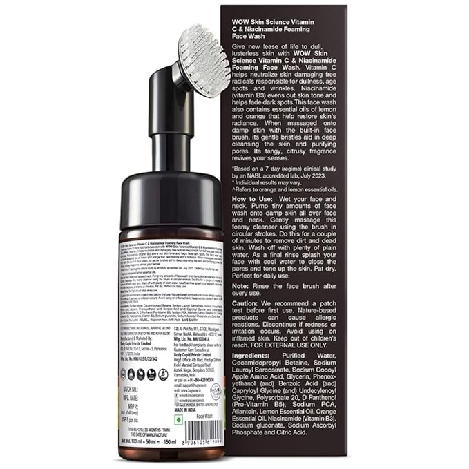 WOW Skin Science Vitamin C Exfoliating Face Wash With Brush, Soft, Silicones Bristles, Foaming Cleanser For All Skin Type, Hydrate For Smooth Skin, Helps Remove Blackheads, Reduce Acne Breakout, 100ml