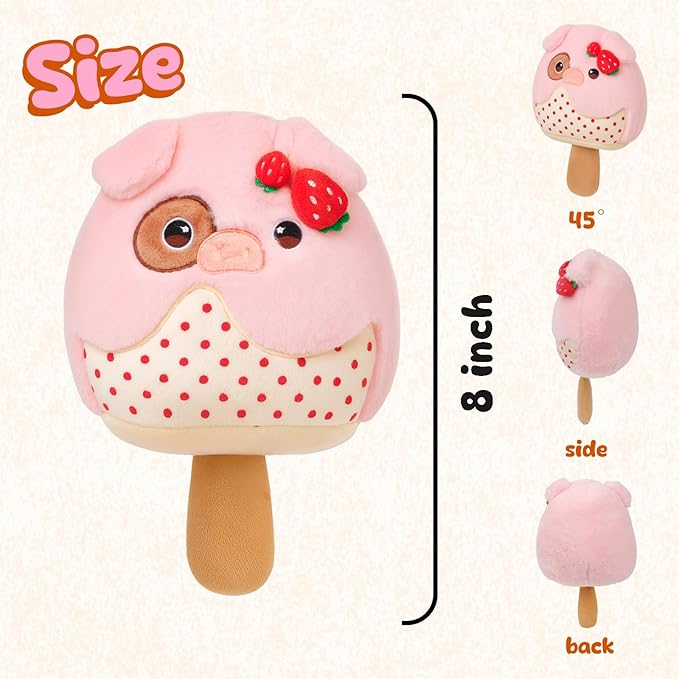 Strawberry Ice Cream Plush Pillow with Adorable Pig Topping Soft Cuddly Stuffed Animal Toy for Kids Birthday Gift for Boys and Girls