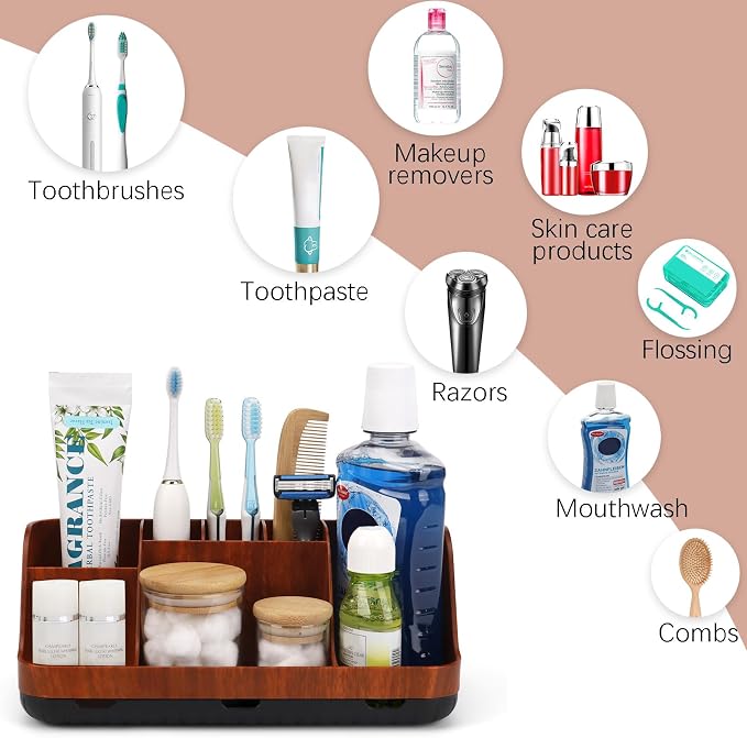 GFWARE Bathroom Decor and Accessories - Detachable 7 Slots Kids Electric Toothbrush and Toothpaste Holde for Bathroom Tray Countertop Vanity Storage, Bathroom Sink Storage Organizer, Red Wood