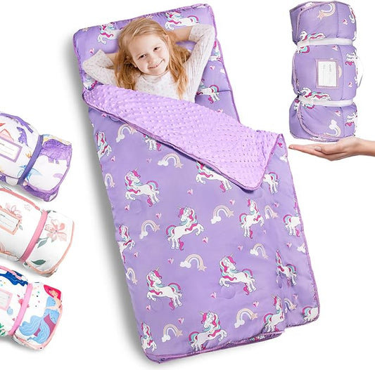 Primlect Thickened Toddler Nap Mat with Removable Pillow and Minky Blanket, Extra Large 55''x35'' Sleeping Bag, Washable, Roll up, Perfect for Daycare, Preschool, Kindergarten, Boys and Girls Purple