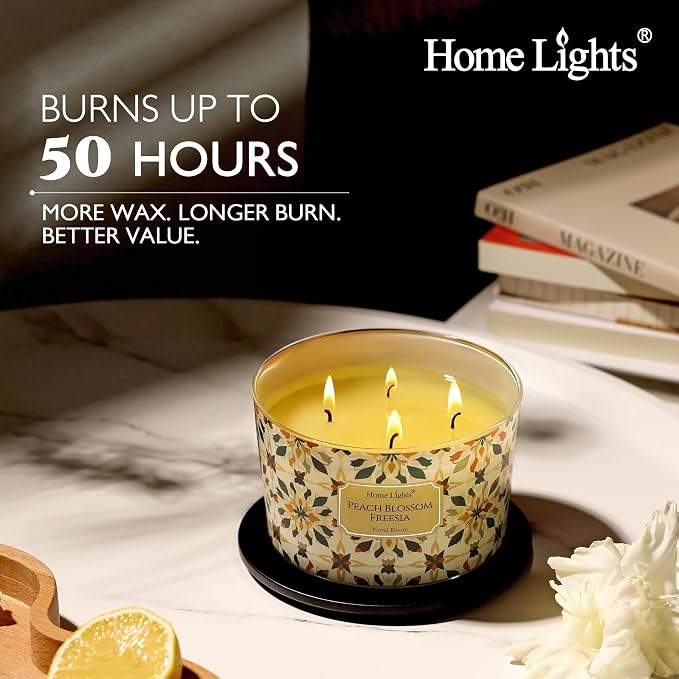 HomeLights Soy Wax Candles for Home Scented, 4-Wick Candles in Peach Blossom Freesia Scented, Aromatherapy Candles Gift for Parties, Relaxing, Bohemian Natural Textures, 18oz