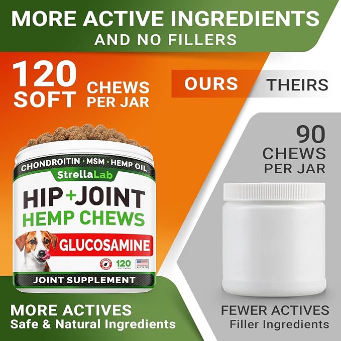 Advanced Hemp + Glucosamine Dog Joint Supplement - Hip Joint Pain Relief - Mobility Chews for Dogs - Chondroitin, MSM, Omega - Made in USA - Lamb Flavor - 120 Hemp Treats