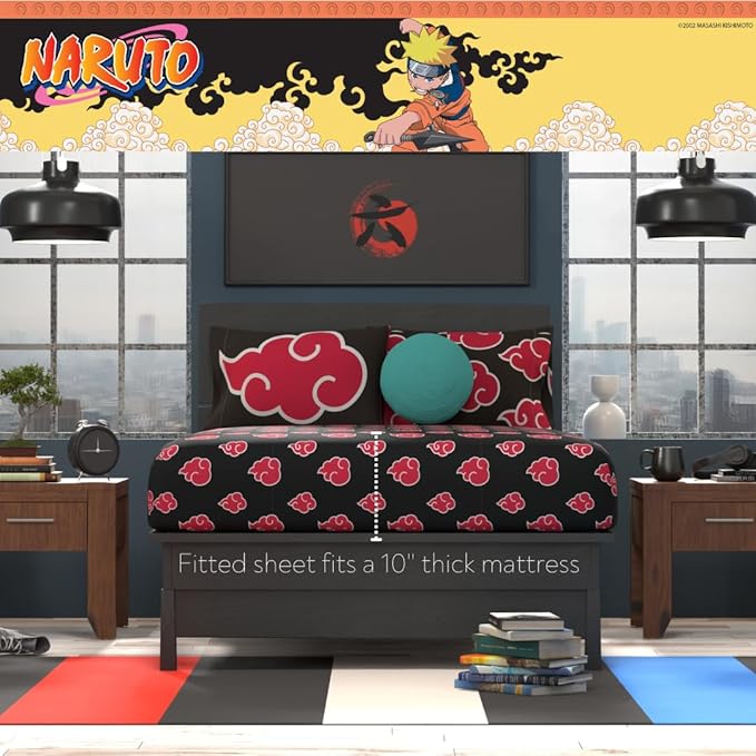 Collectibles Naruto Anime Akatsuki Bedding 7 Piece Super Soft Reversible Comforter and Sheet Set with Sham, Queen, (Officially Licensed Product) By Franco