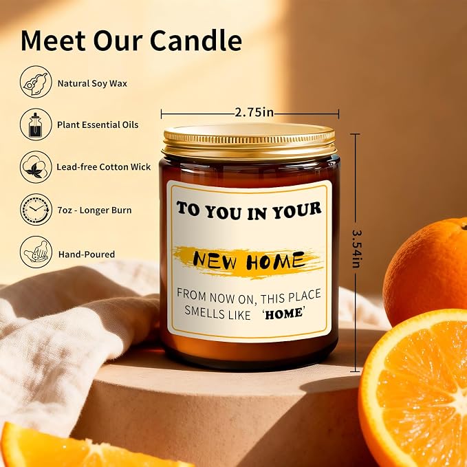 New Home Candle - Housewarming Gifts for New Home Owners, Orange Scented Soy Candle, 7oz Soy Candles for Home Scented, 50 Hours Burn, Perfect House Warming Gift for Couples, Neighbors, Friends