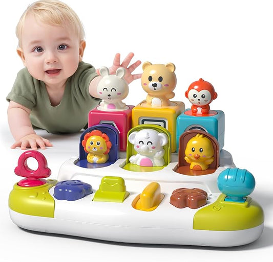 Baby Pop Up Animal Toys with Buttons & Colors, Montessori Cause and Effect Toys for Boys Girls, Kids, Toddlers, Babies – 9 Months +