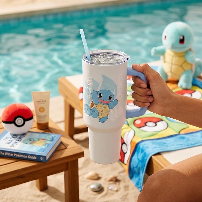 Silver Buffalo Pokémon Stainless Steel Tumbler with Handle Featuring Squirtle, Fits in Standard Cup Holder, 40 Ounces