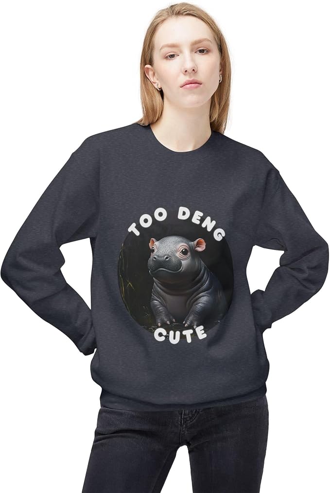 Unisex Fleece Crewneck Sweatshirt - Too Deng Cute Moo Deng Hippo, Cozy Cotton Blend, Classic Relaxed Fit