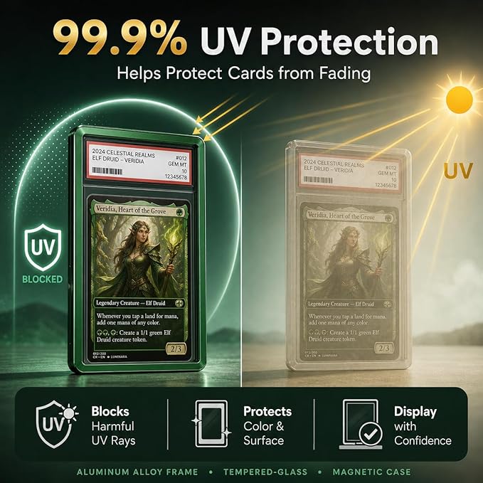 Magenetic Trading Card Slab Protector - Premium Aluminum Graded Card Showcase, Graded Slab Protector with UV-Resistant Tempered Glass, Personalized Slab Bumper for Collectors, Green