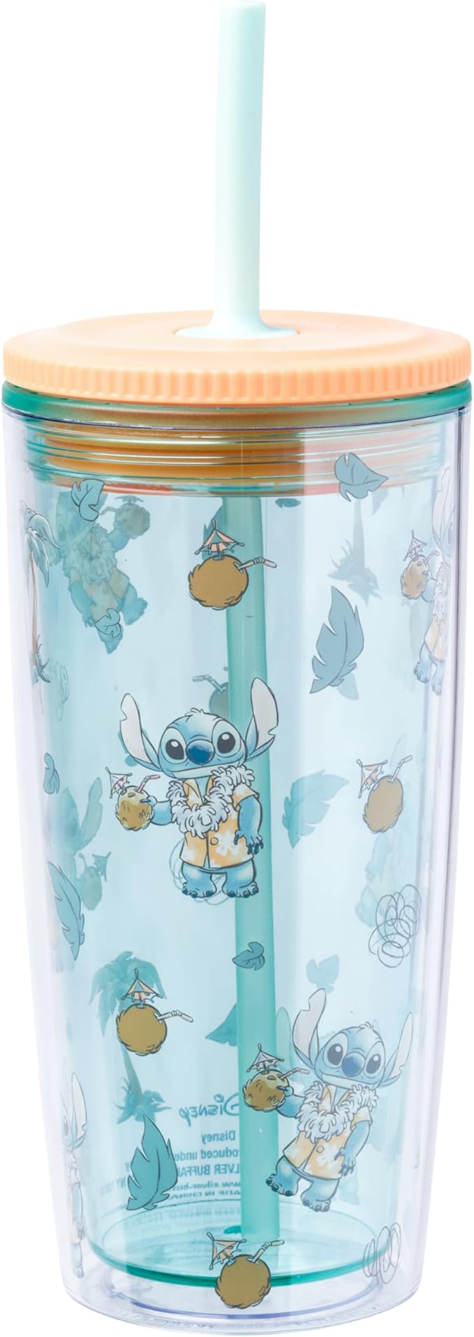 Silver Buffalo Disney Lilo and Stitch Featuring Stitch in Hawaiian Shirt, Lei, and Coconut Drink and Tropical Vibes Pattern Spill Resistant Plastic Tumbler and Straw, 20 Ounces