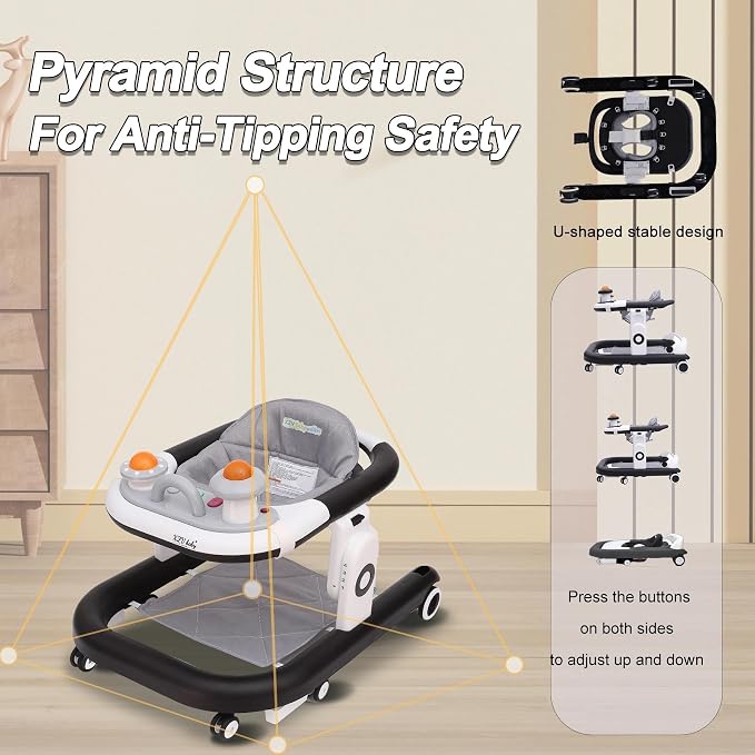 5-in-1 Baby Walker with Wheels Foldable Height-Adjustable Walker for Baby Boy 6-12 Months with Feeding Tray Multi-Functional Activity Center Battery-Free Function (Black)