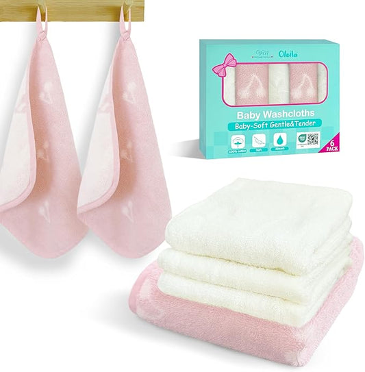 VOOVA & MOVAS Cherry & Ivory Baby Washcloths | 12x12 Inches | Highly Absorbent | 6 Pack 100% Cotton | Ultra-Soft Newborn Towels | Perfect Set,Baby Essentials | Jacquard Cherry & Ivory Colors