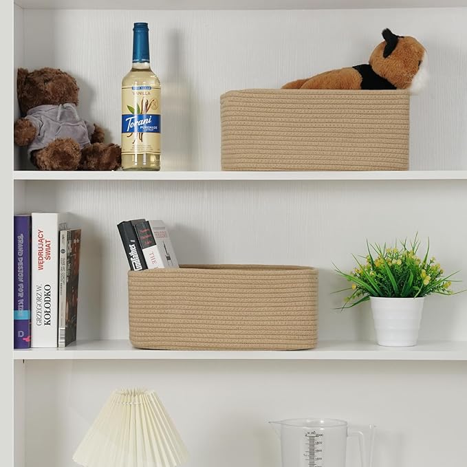 3 Pack Storage Baskets for Organizing, 13.7×9.5×6.3", Brown | Woven Baskets for Shelves, Cotton Rope Basket for Gifts Empty, Closet Organizer Bins with Handles, Cube Decorative Box