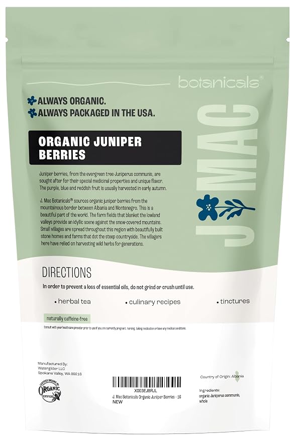 J MAC BOTANICALS, Organic Whole Juniper Berries, Certified USDA Organic, juniper for herbal infusions, seasoning beef, pork, turkey brine, soups, cocktail bombs