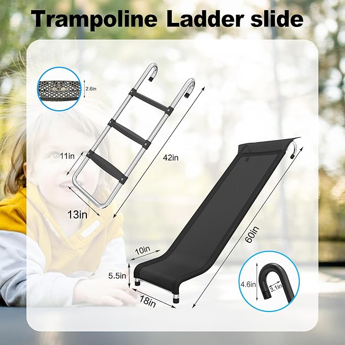 Trampoline Ladder and Slide Attachment,3-Step Universal Stair Slide for Kids,Trampoline Accessories & Replacement Parts,Fits 10 12 14 15 ft Trampoline Frame