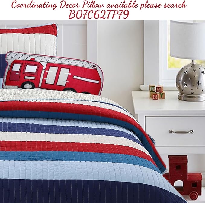 Cozy Line Home Fashions Aaron Bedding Quilt Set, Nautical Navy Blue Red Off-White Striped 100% Cotton Reversible Coverlet Bedspread Bedding Set (National Stripe, Twin - 2 Piece)